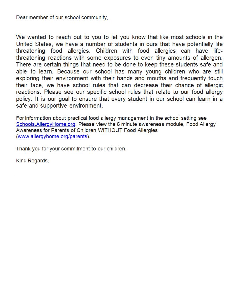 School Food Allergy Notification Letter